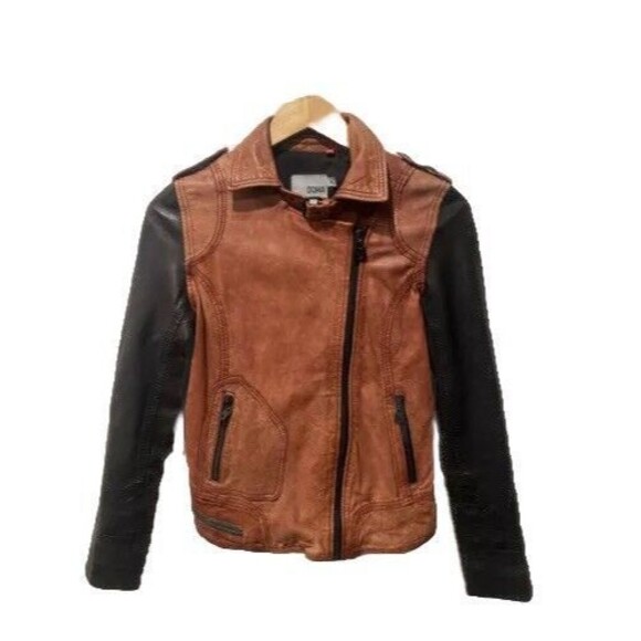 Doma Womens Leather Jacket Distressed Color Block 2 Tone Brown Black Moto Coat S - Picture 2 of 8